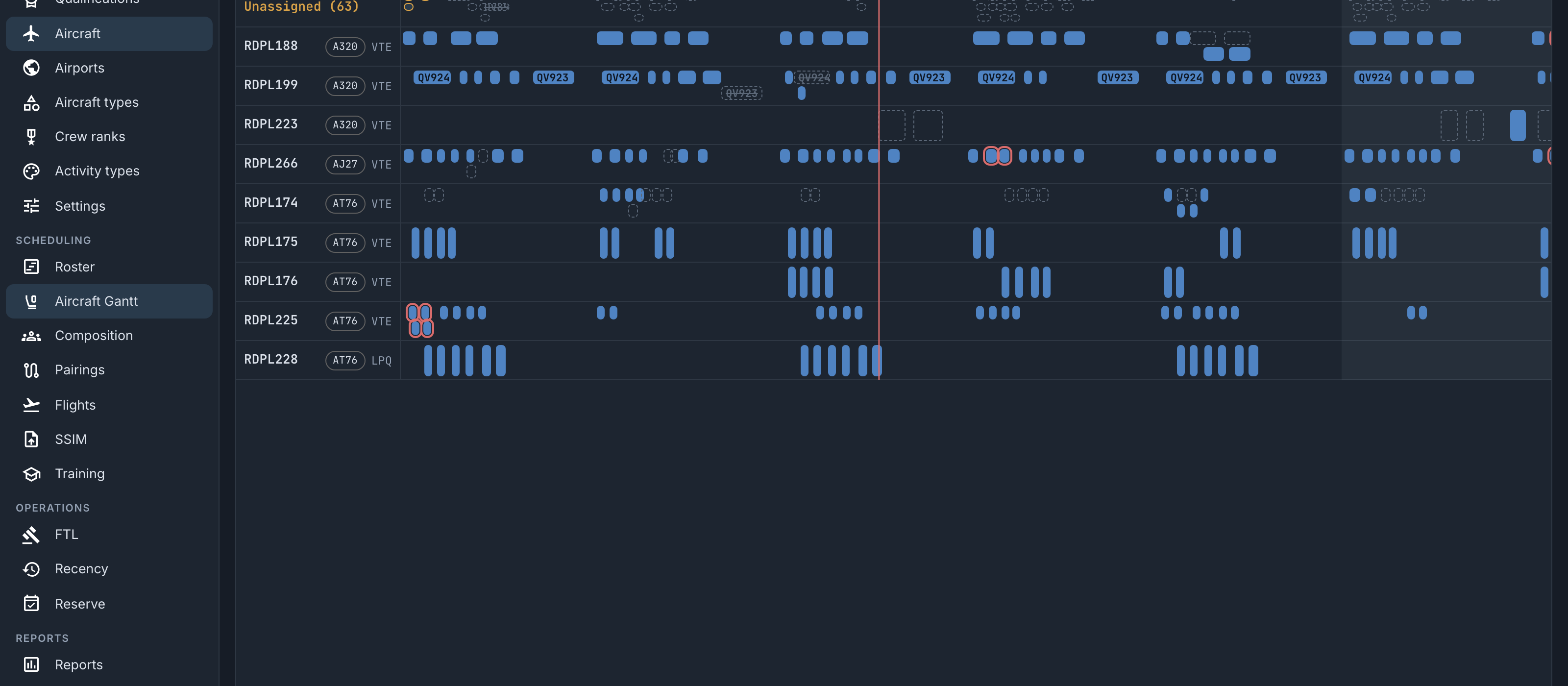 The aircraft Gantt: one line per tail with assigned flight legs, maintenance windows behind them, and an unassigned shelf