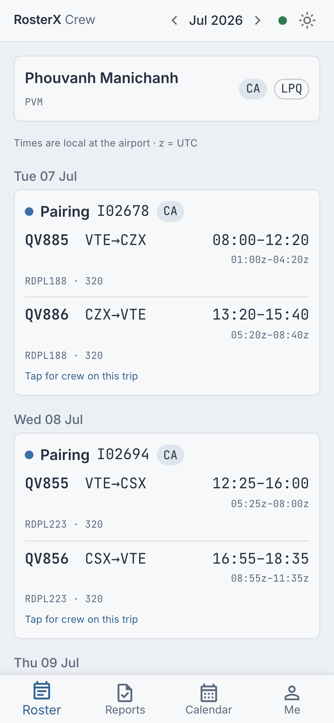 The RosterX crew portal on a phone: the month's duties as a list with a live-connection dot