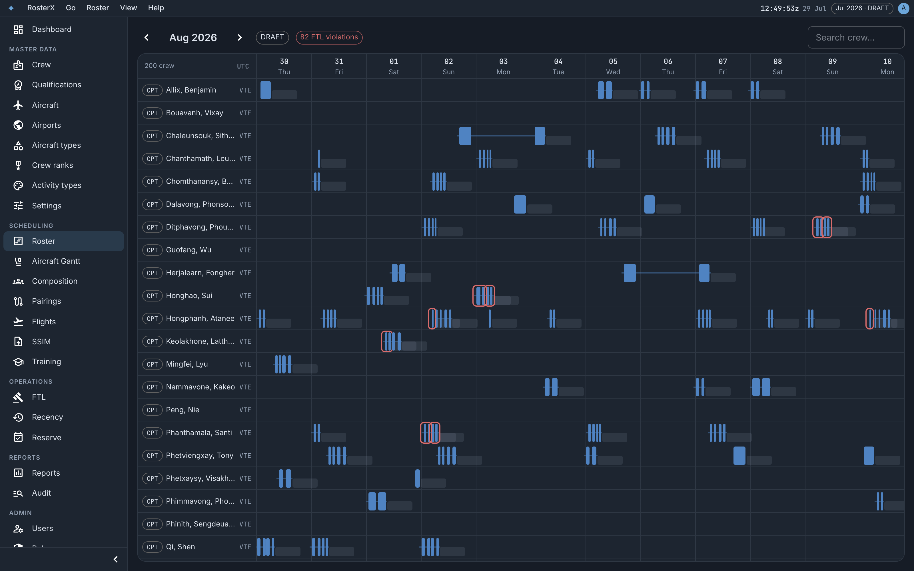The RosterX roster Gantt: one line per crew member, colored duty blocks against a month timeline